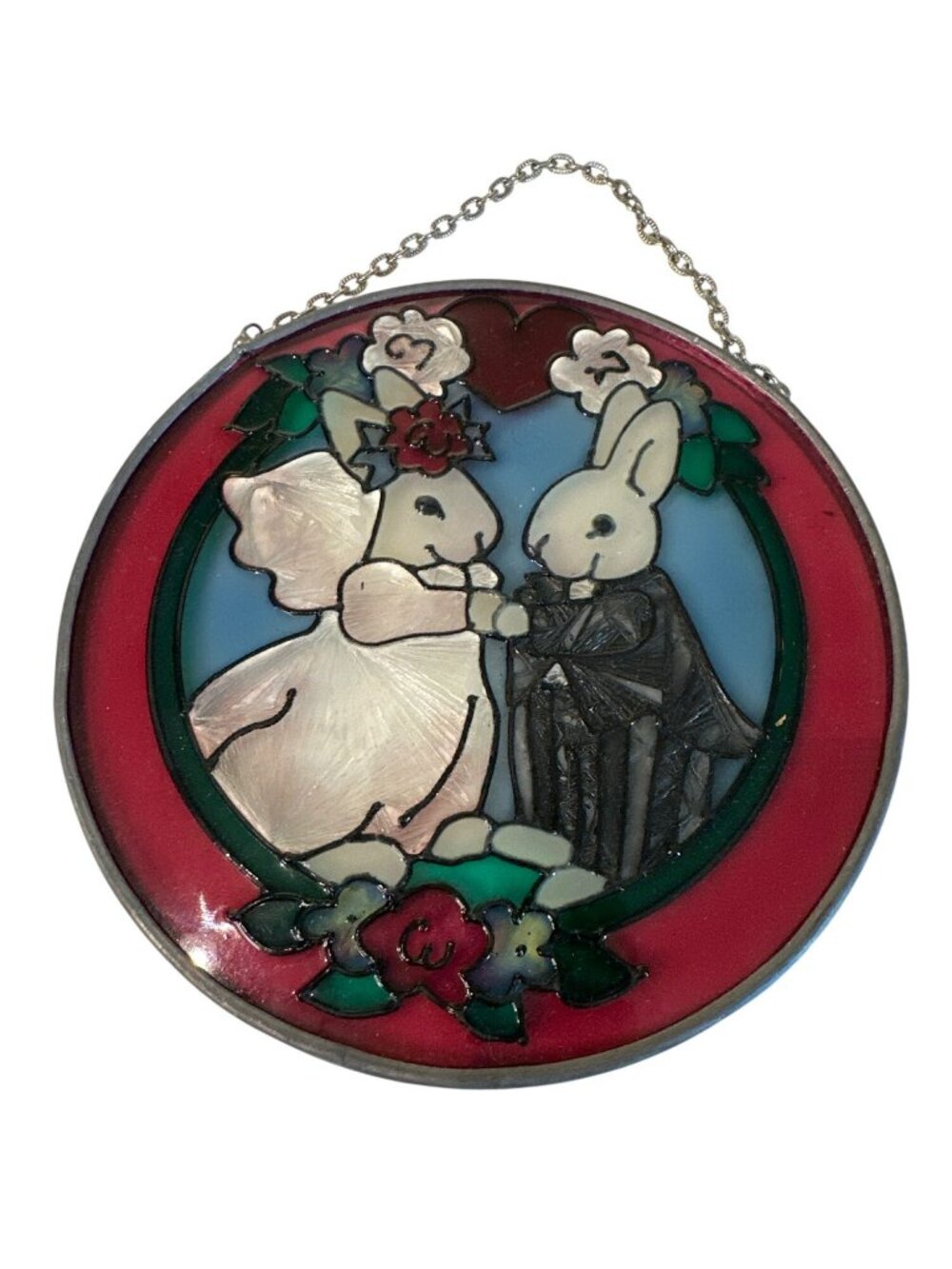Stained Glass Bunny Wedding Sun Catcher Decorative Hanging Suncatcher VTG 80s
